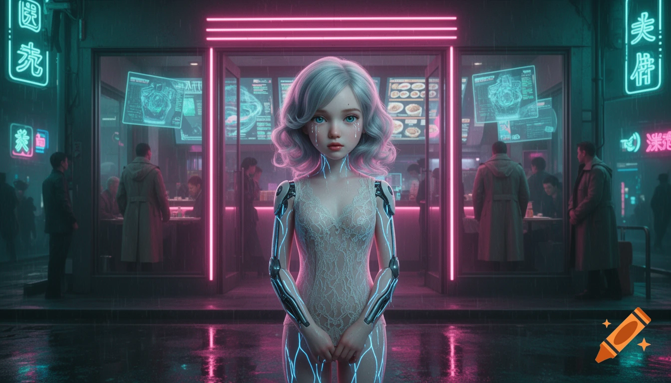 A hyper-realistic image of a silver-haired android in a sheer lace bodysuit with cybernetic accents, with tears, standing in a neon-lit cyberpunk restaurant doorway on a rainy night.