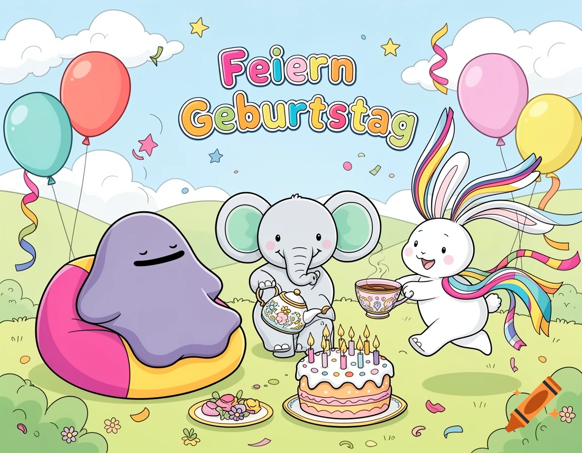 Cartoon birthday party with a purple blob, an elephant, and a rabbit with rainbow ears, around a cake, balloons, and text 'Feiern Geburtstag'.
