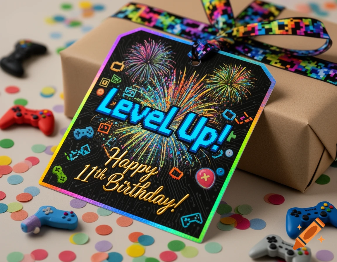 A close-up of a brown gift box with a pixelated rainbow ribbon, featuring a 'Level Up! Happy 11th Birthday!' tag with fireworks and gaming icons. Mini game controllers and confetti surround it on a light background.