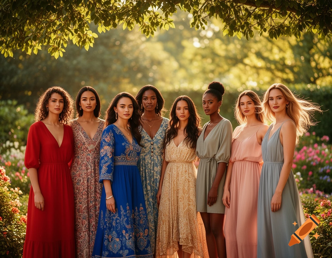 Eight women in various colorful dresses stand in a sunlit garden, surrounded by trees and flowers.