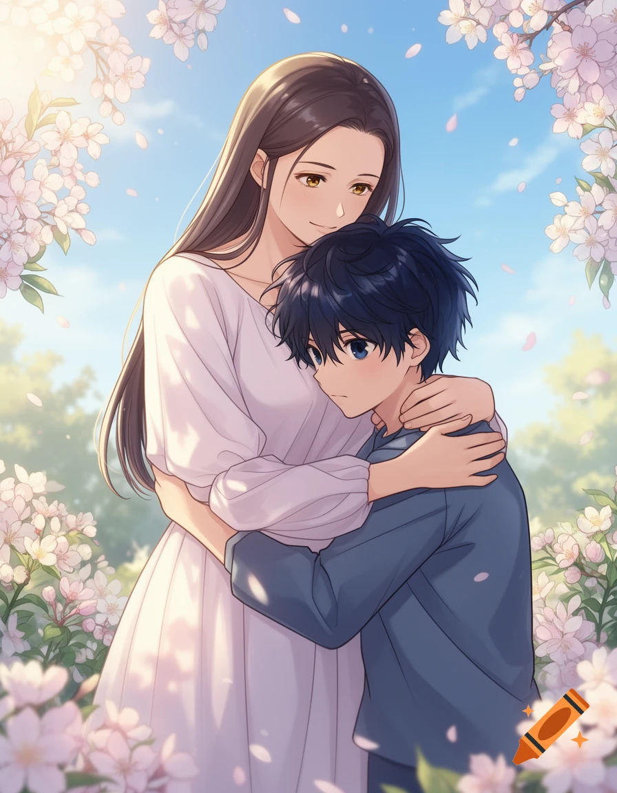 Anime style woman with long brown hair in a white dress hugging a young boy with dark blue hair, surrounded by pink cherry blossoms under a blue sky.
