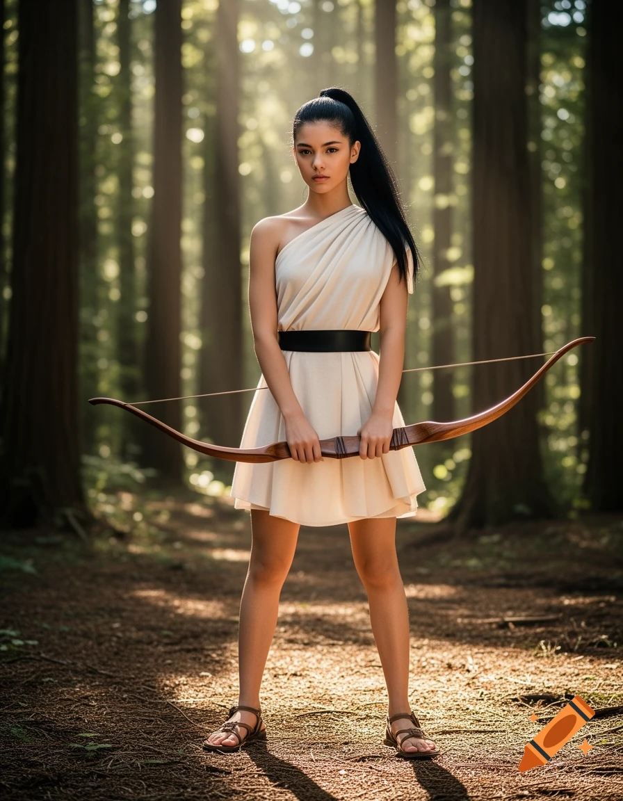 A serious young woman in a cream toga with a black belt, long dark ponytail, and sandals stands holding a bow in a sunny forest.