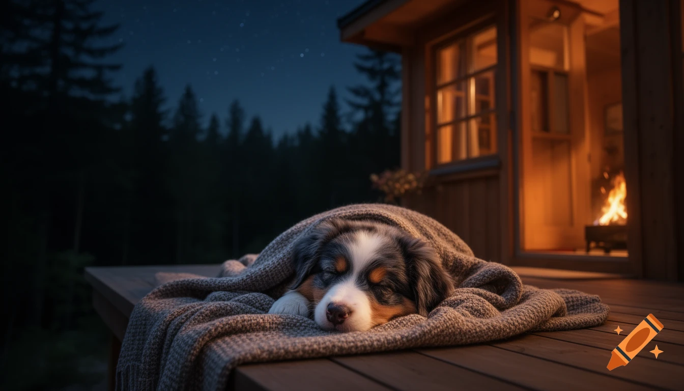 A cozy Australian shepherd puppy sleeps peacefully under a blanket on a wooden deck at night, with a cabin and starry sky in the background. Photorealistic.