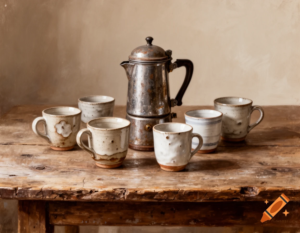A still life painting of a vintage coffee percolator surrounded by six ceramic mugs on a weathered wooden table.
