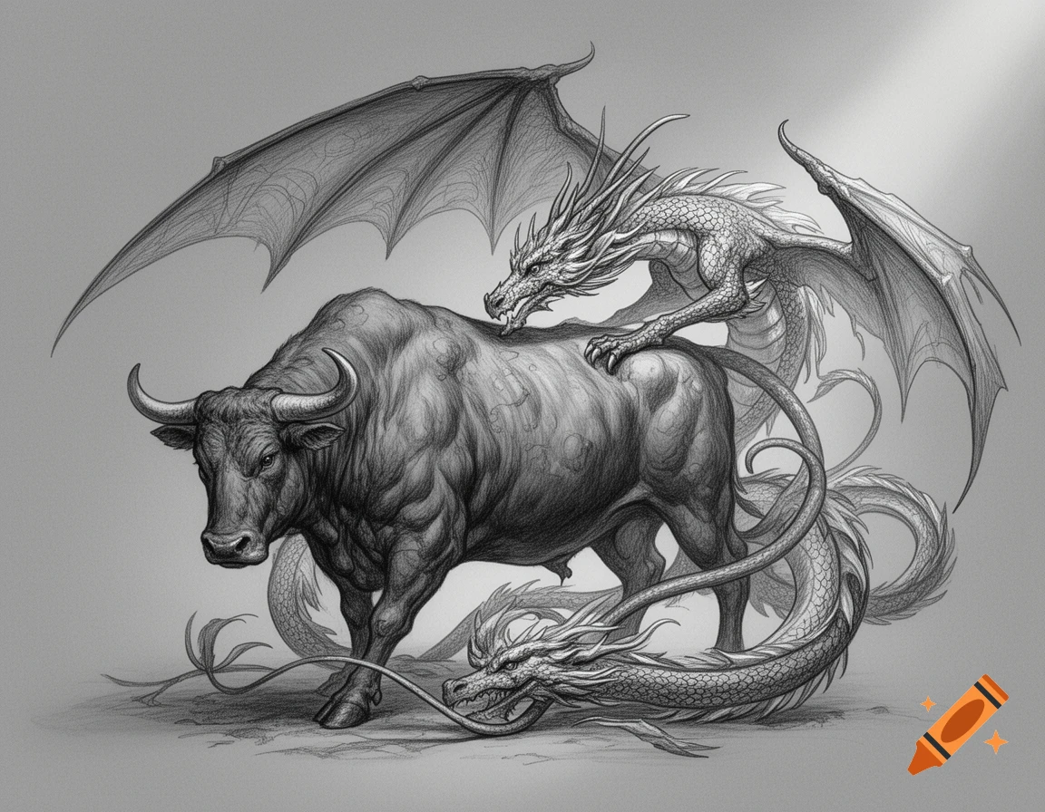 A detailed grayscale pencil sketch shows a muscular bull with a winged dragon on its back and another dragon coiled around its legs.