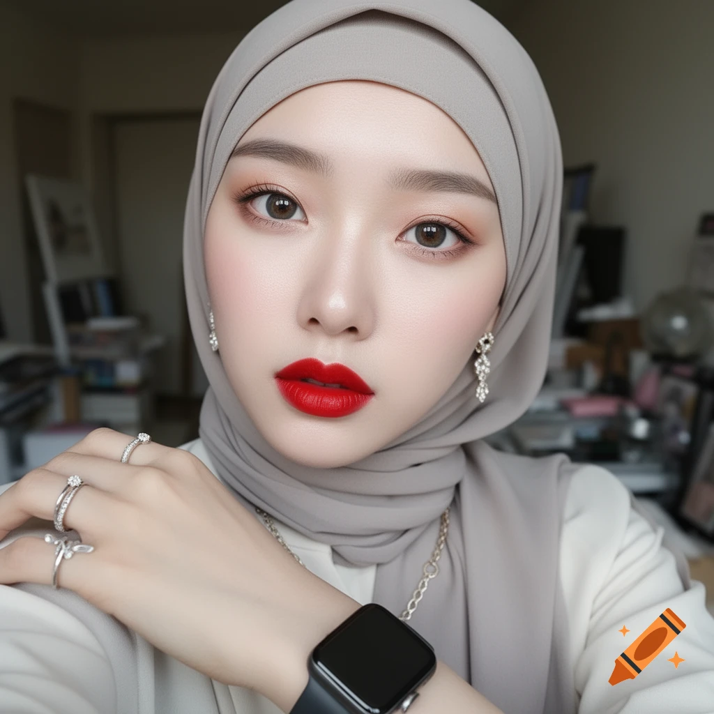 Close-up portrait of a woman wearing a light grey hijab, bold red lipstick, subtle eye makeup, silver earrings and rings, and a black smartwatch.