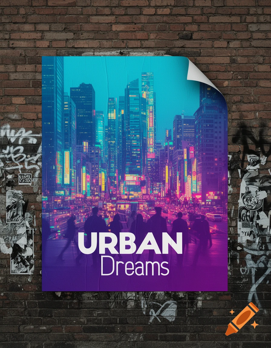 A vibrant, neon-lit poster titled 'URBAN Dreams' with a cityscape and people, peeling from a graffiti-covered brick wall.