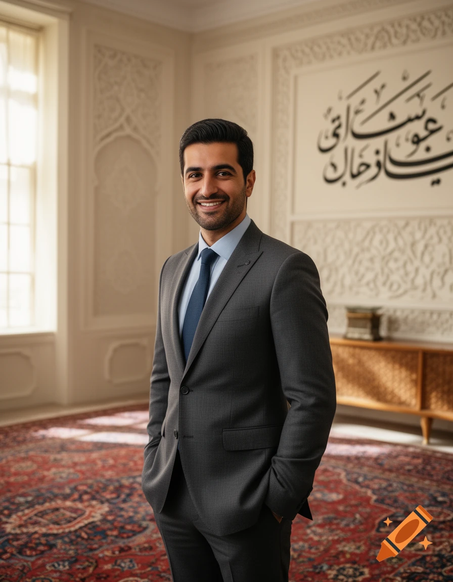 A smiling photorealistic Iranian man in a gray suit and blue tie stands in an elegant room with a Persian rug and calligraphy.