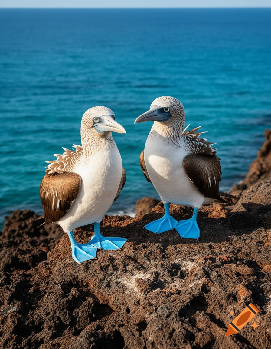Two blue-footed boobies stand on dark volcanic rocks by a vibrant blue ocean under a clear sky.