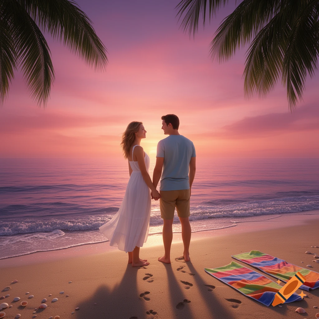 A couple holding hands on a sandy beach at sunset, looking at each other. Palm fronds hang above, and beach towels lie nearby.