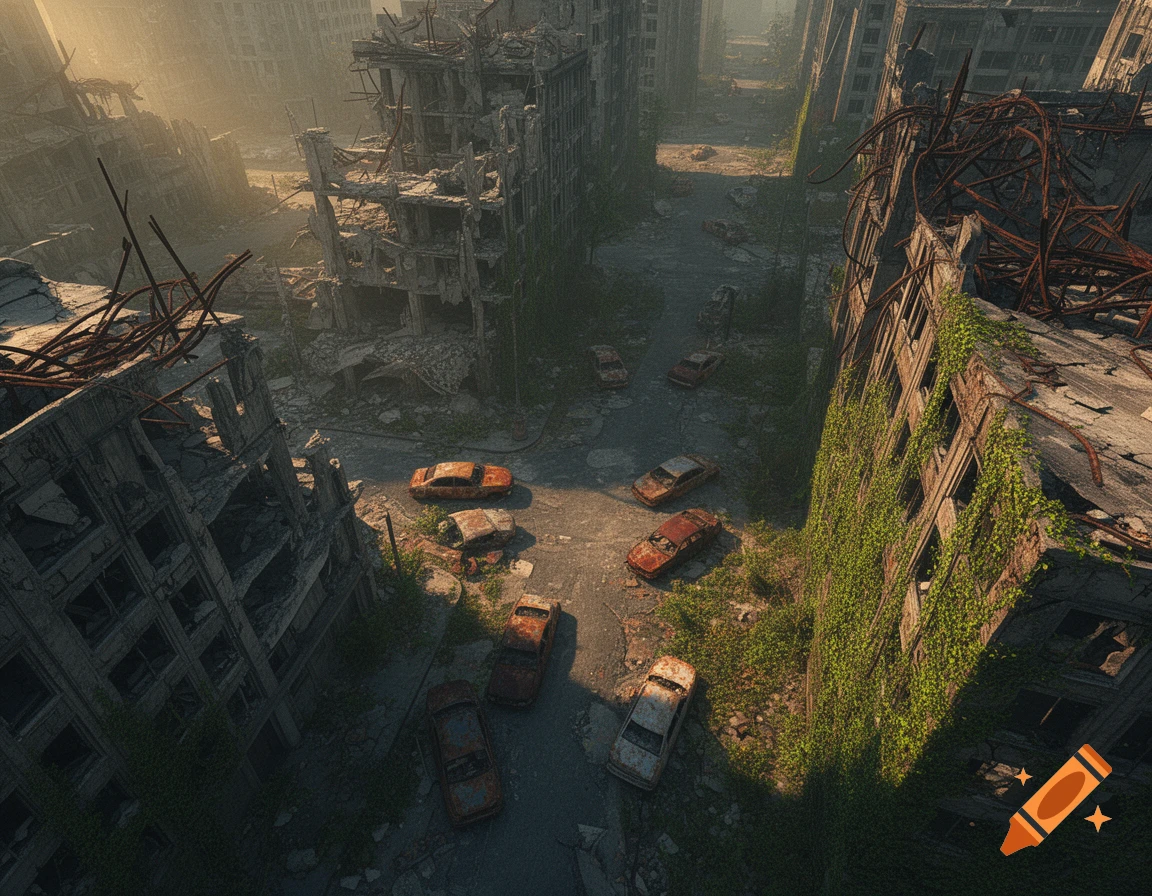Aerial view of a post-apocalyptic ruined city with collapsed buildings, rusted cars, and green overgrowth under a hazy sky.