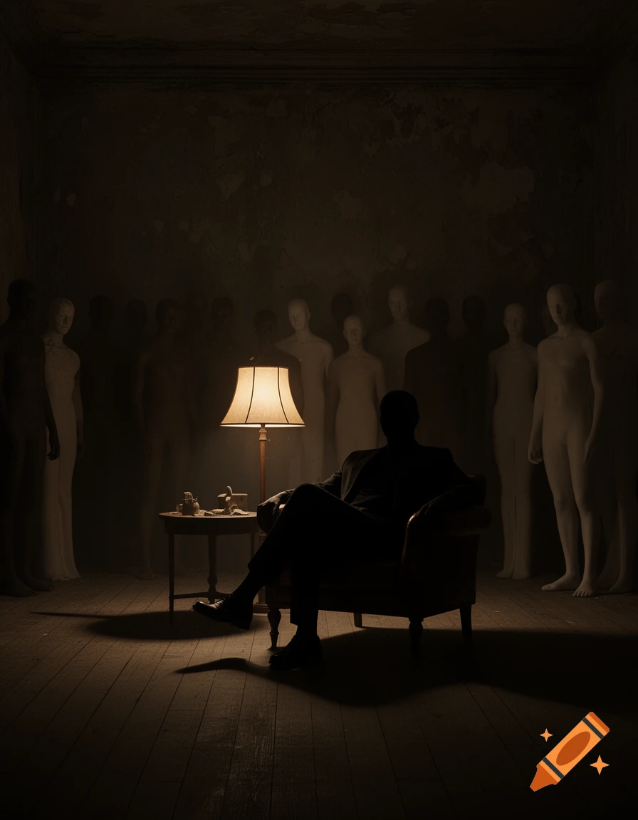 A shadowy figure sits in an armchair under a lamp, surrounded by pale, mannequin-like figures in a dark, eerie room.