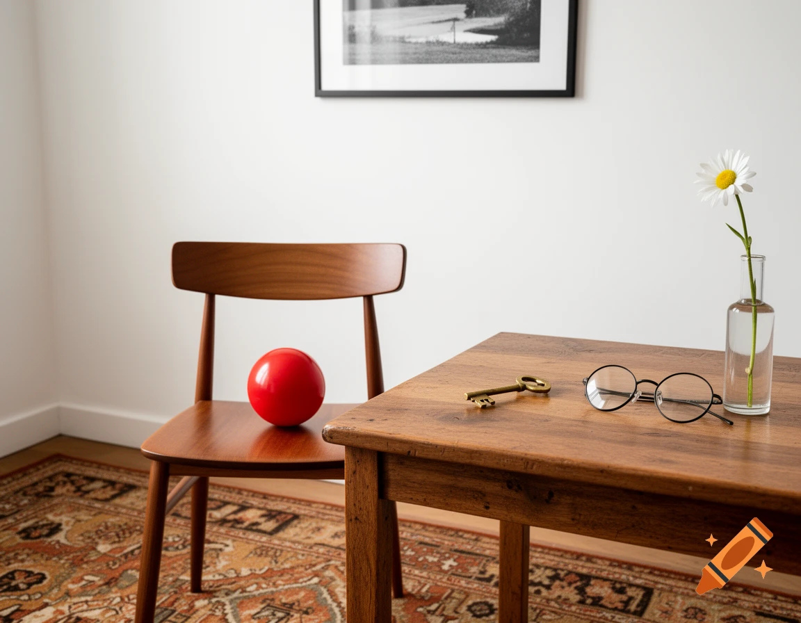 A wooden chair with a red ball sits beside a table with a key, glasses, and a daisy in a vase. A rug covers the floor, and a framed picture hangs on the white wall.