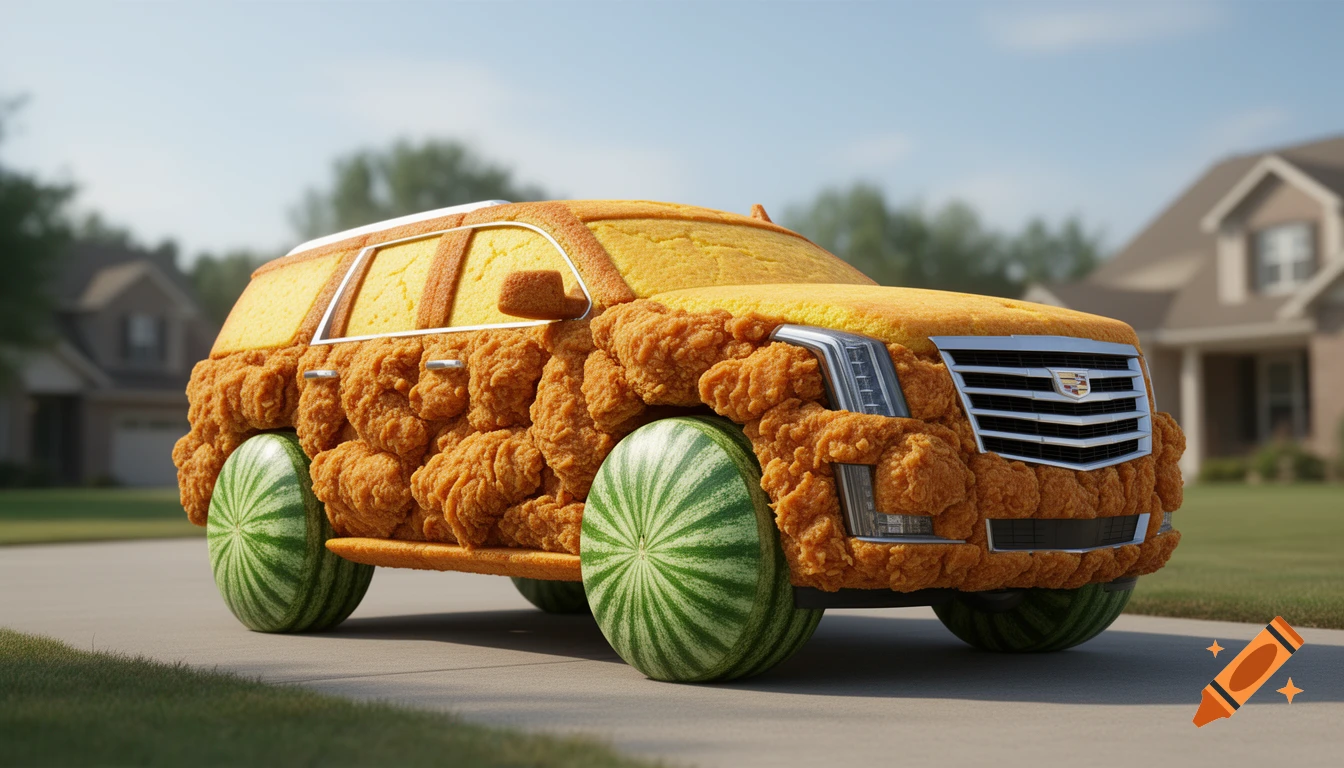 A Cadillac Escalade SUV made from fried chicken and cornbread, with watermelon slices for wheels, parked on a suburban street.