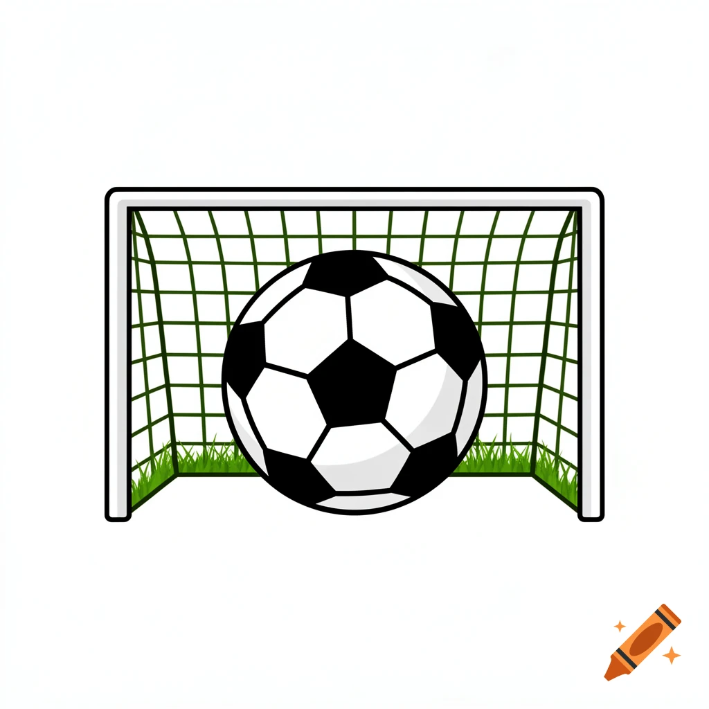 A stylized black and white soccer ball sits in a goal net with green grass, on a white background.