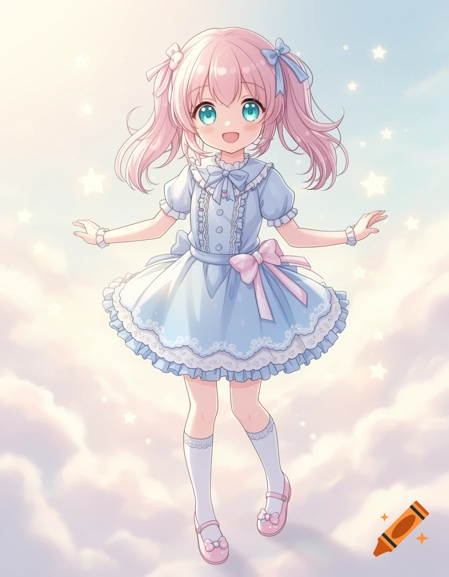 A cute anime girl with pink pigtails and a light blue dress, standing in a dreamy cloudscape with stars.
