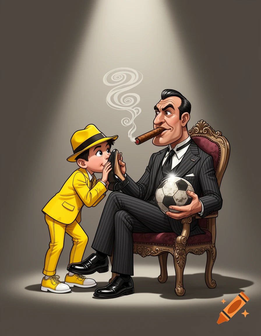 A cartoon depicts a boy in a yellow suit and hat kneeling to kiss the shiny black shoe of a man in a pinstripe suit, smoking a cigar, and holding a soccer ball while sitting on an ornate chair.