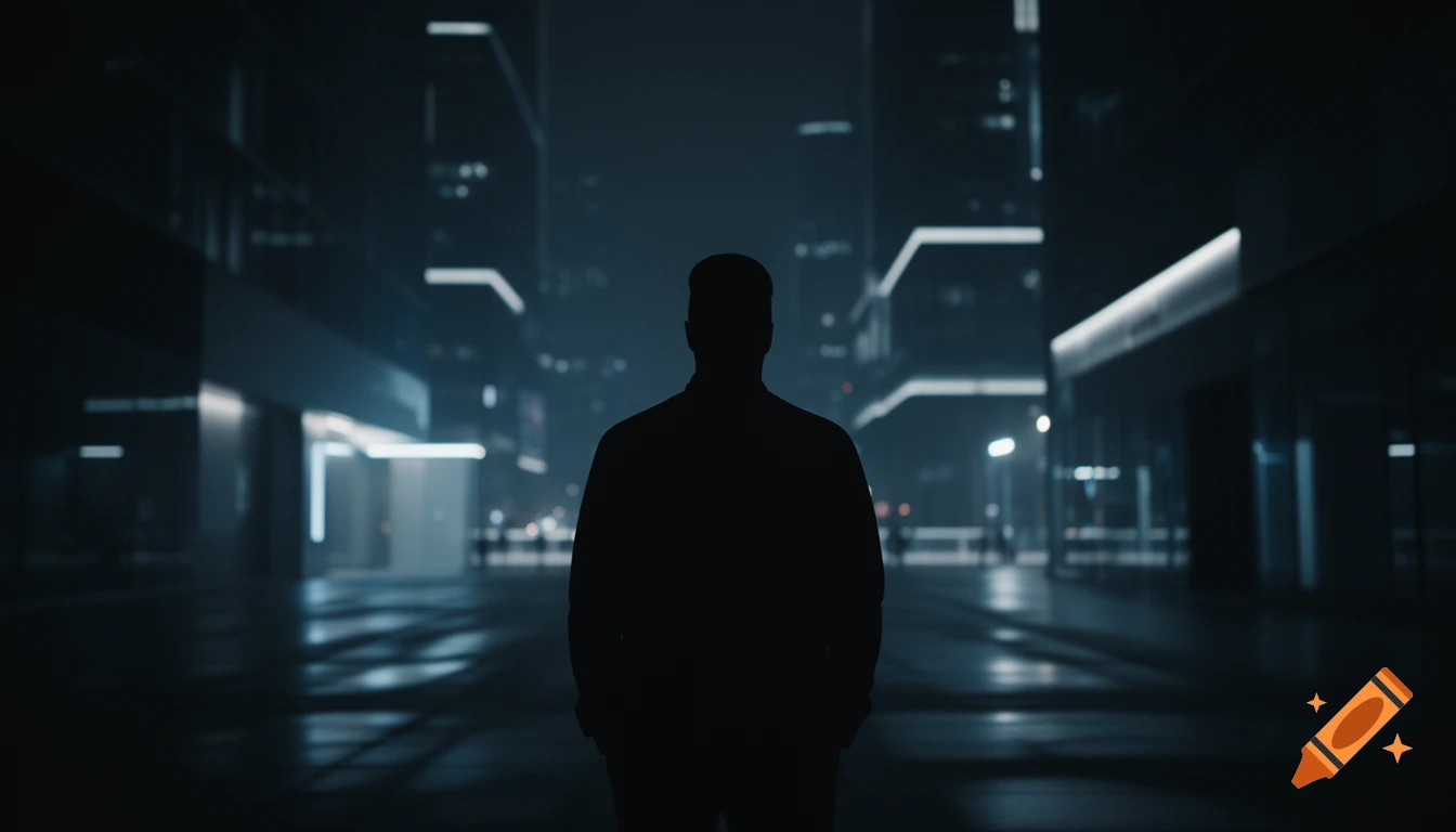 A dark silhouette of a man stands centered in a futuristic, neon-lit city street at night, featuring muted blues and high contrast.