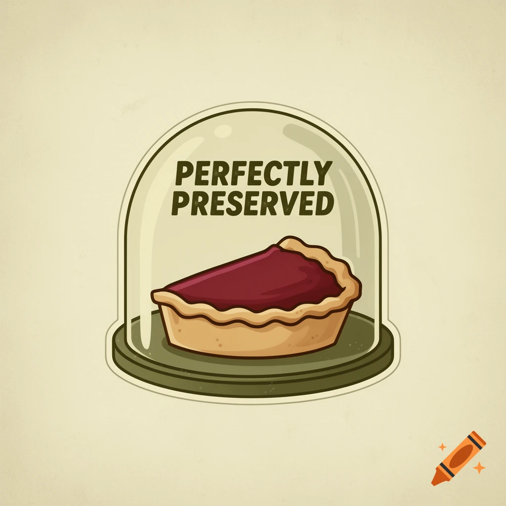 A cartoon illustration of a slice of pie under a clear glass cloche, with the text 'PERFECTLY PRESERVED'.