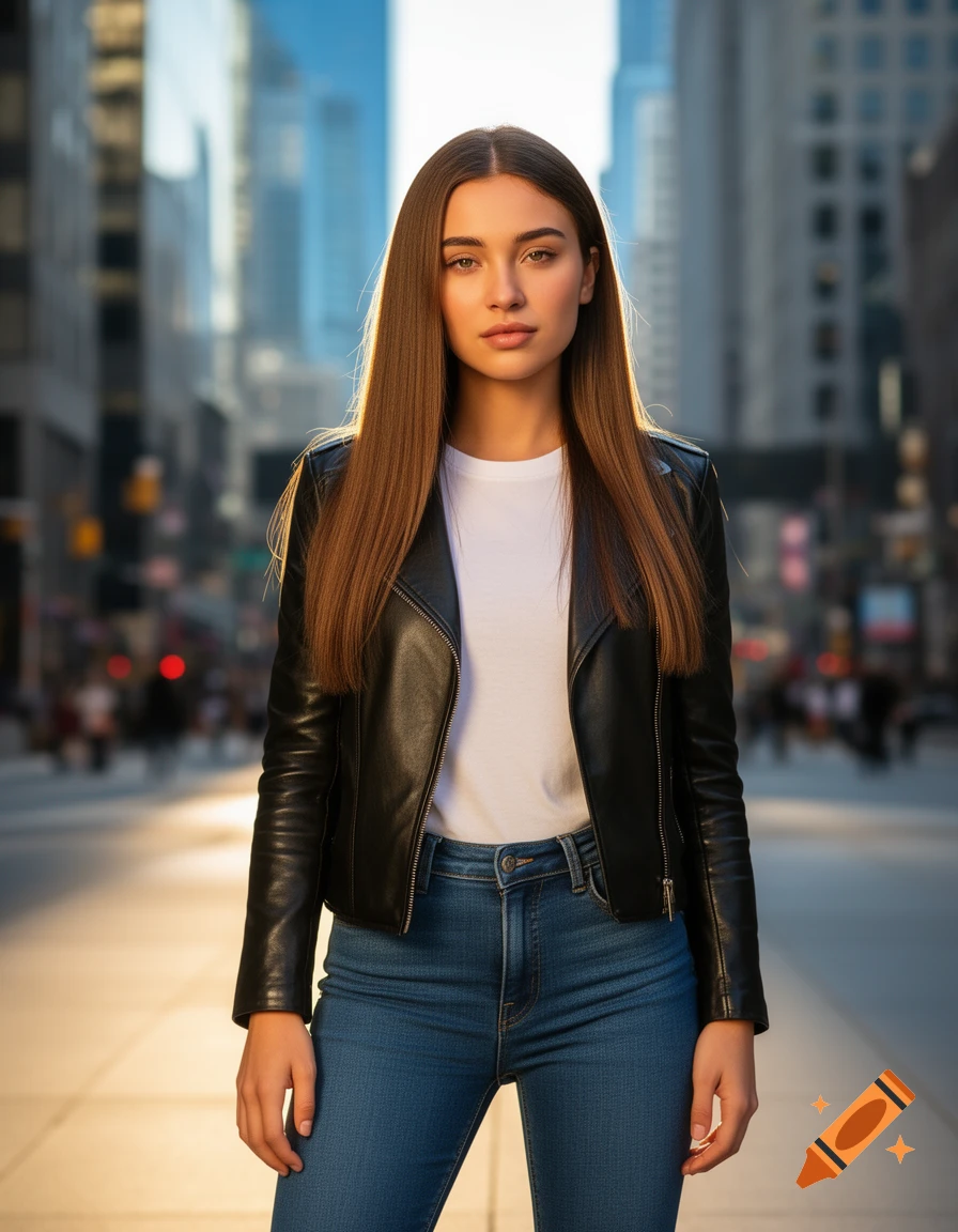 A woman with long brown hair, wearing a black leather jacket and jeans, stands on a city street.