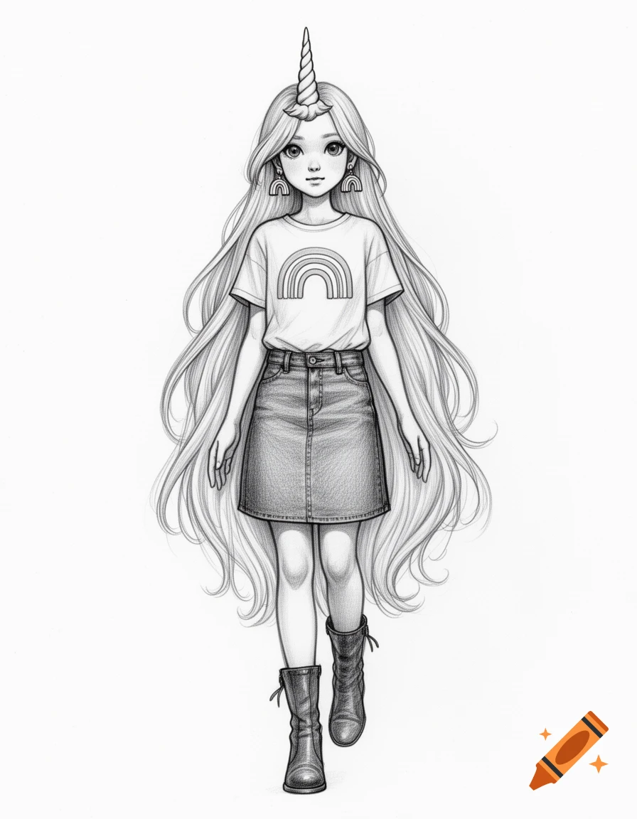 Black and white pencil drawing of a girl with long hair, a unicorn horn, a rainbow shirt, denim skirt, and boots.