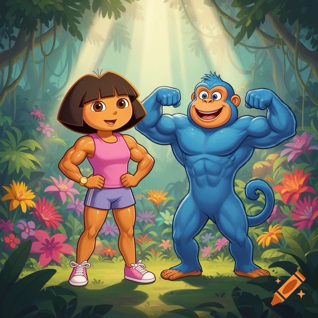 Cartoon of muscular Dora the Explorer and a muscular blue monkey flexing in a lush jungle with colorful flowers.