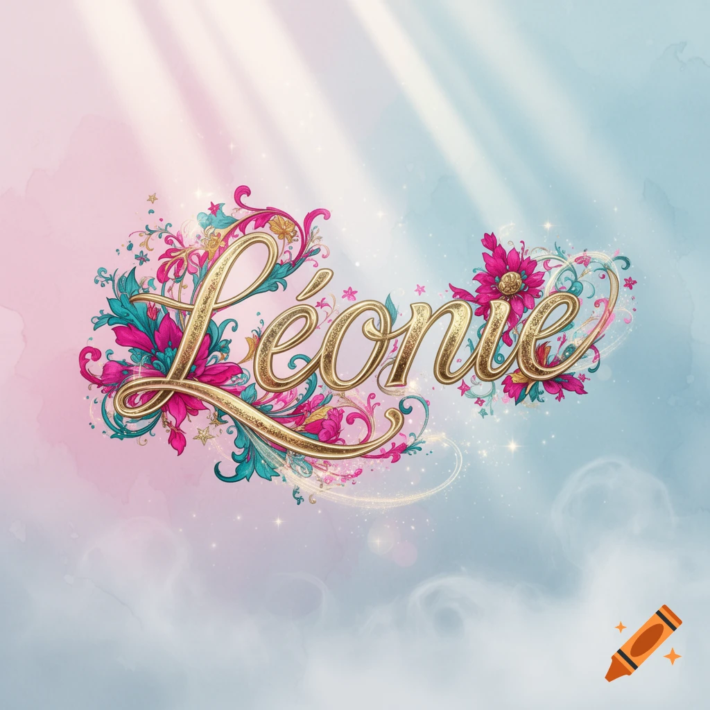 Golden ornate cursive text 'Léonie' with pink and teal floral embellishments on a pastel pink and blue watercolor background.