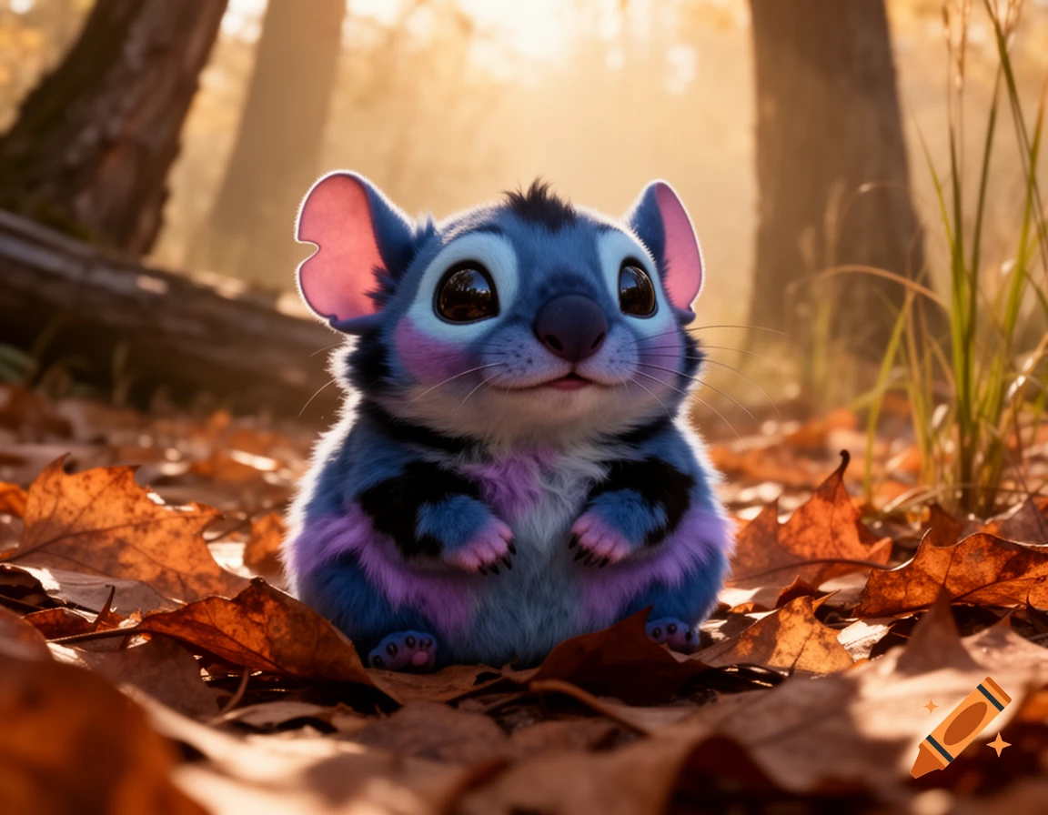 A fluffy blue and purple creature, a mix of Stitch and a hamster, sits among autumn leaves in a sunlit forest.