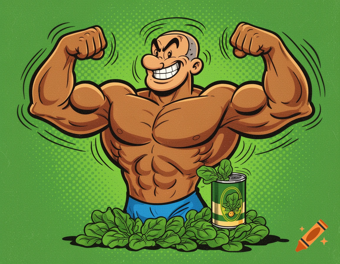 A bald, muscular cartoon man, resembling a Popeye character, flexes his huge biceps with a wide grin, surrounded by spinach and a can of spinach, against a green pop art background.