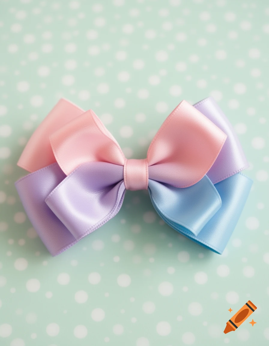 A pastel pink, purple, and blue satin bow sits on a light green polka dot background.