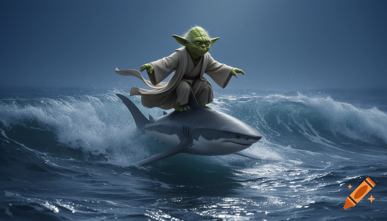 Yoda, in his robes, squats on the back of a great white shark, riding a large wave in a realistic ocean scene.