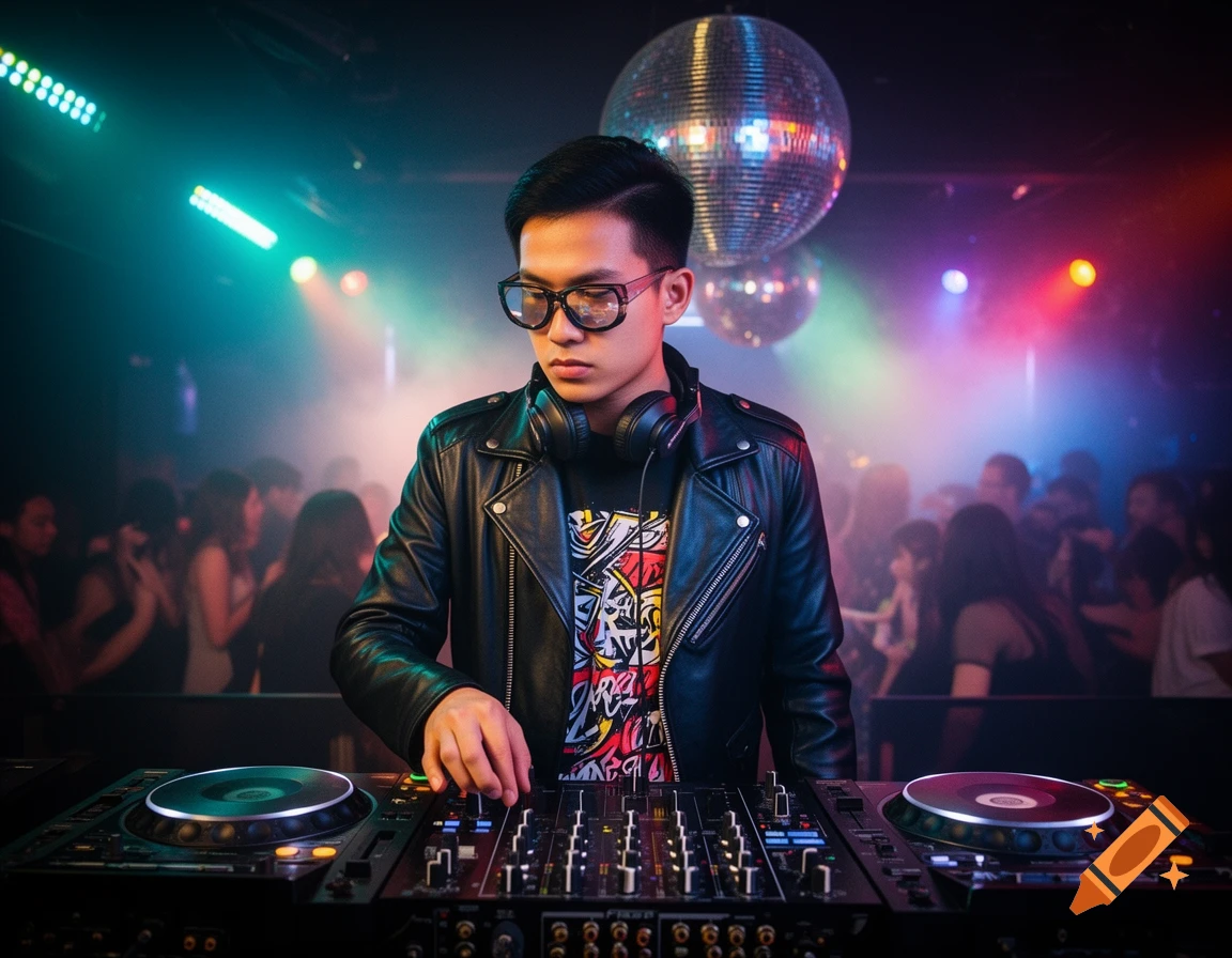 A young Asian DJ wearing glasses and a leather jacket, mixing music on equipment in a vibrant nightclub with disco balls and blurred dancers in the background.