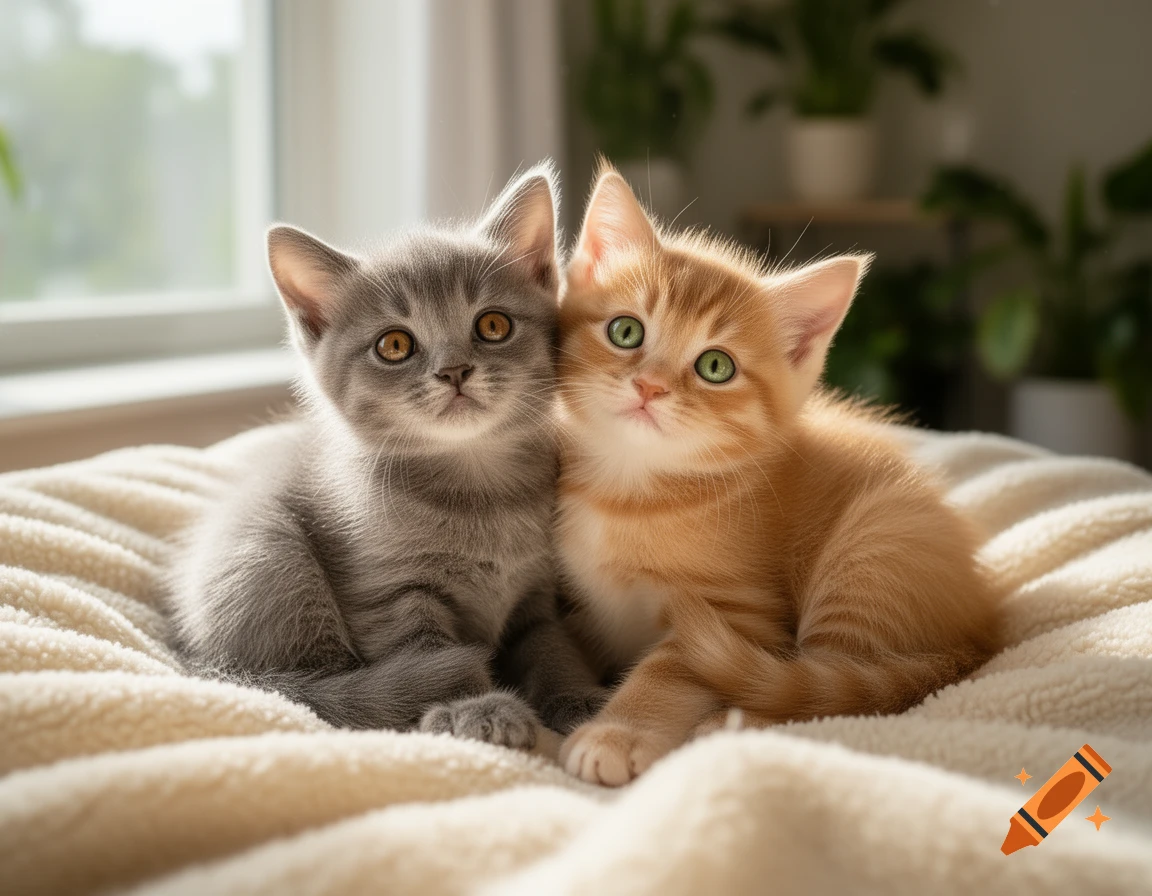 Two fluffy kittens, one grey and one orange, sit on a cream blanket by a window, looking at the viewer.