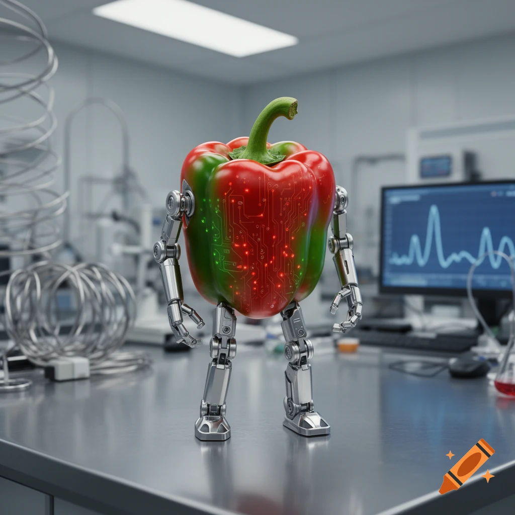 A red and green bell pepper with silver robot arms and legs stands on a lab counter with glowing circuits on its surface.