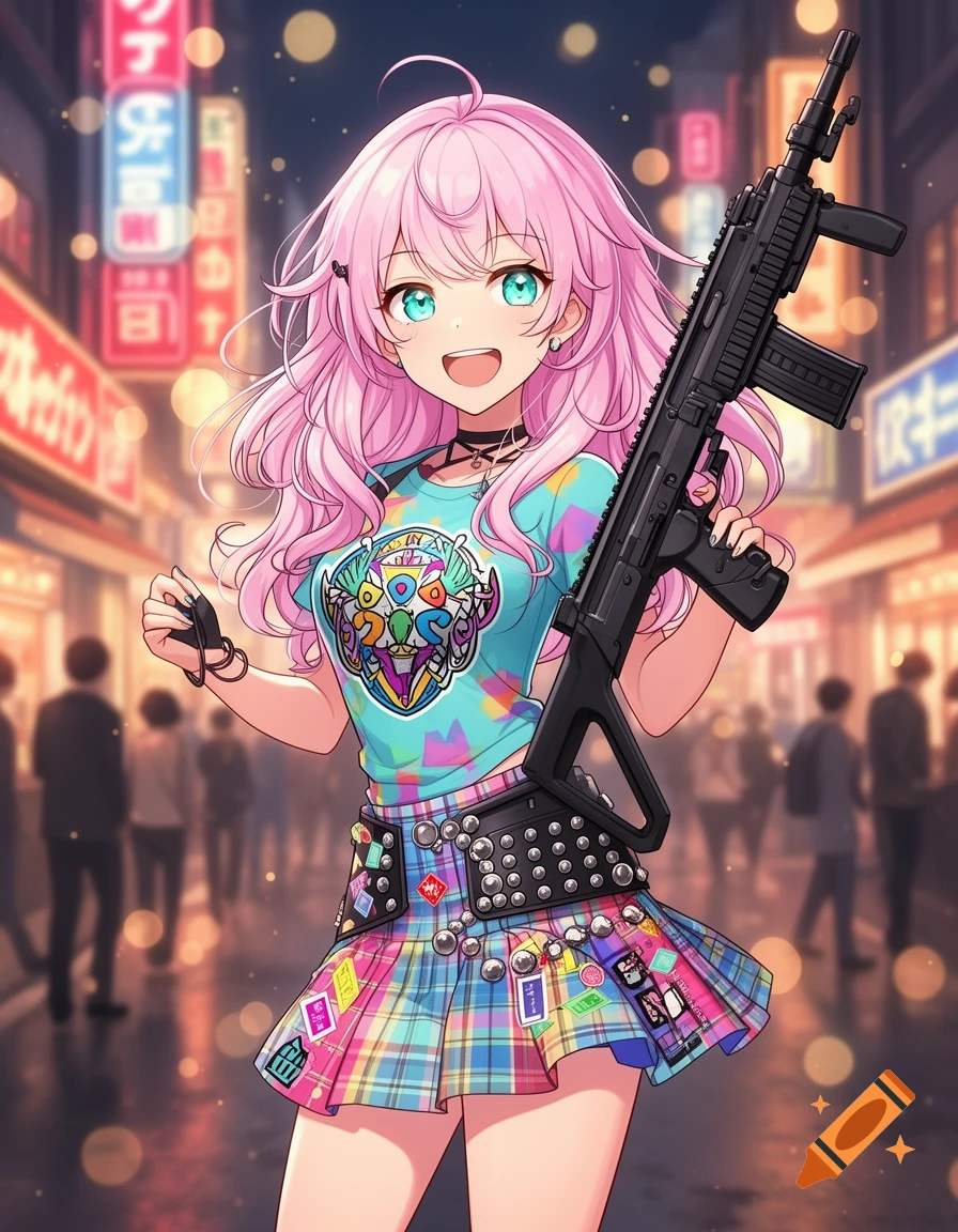 A cheerful anime girl with long pink hair and blue eyes holds a black assault rifle in a vibrant, neon-lit city street at night.