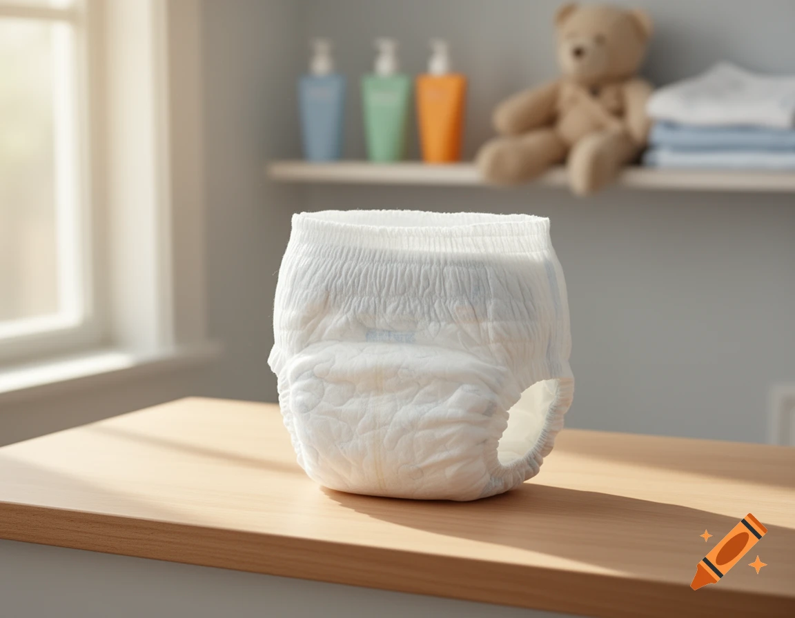 A white disposable baby diaper stands on a wooden table in a sunlit room, with baby products and a teddy bear in the background.