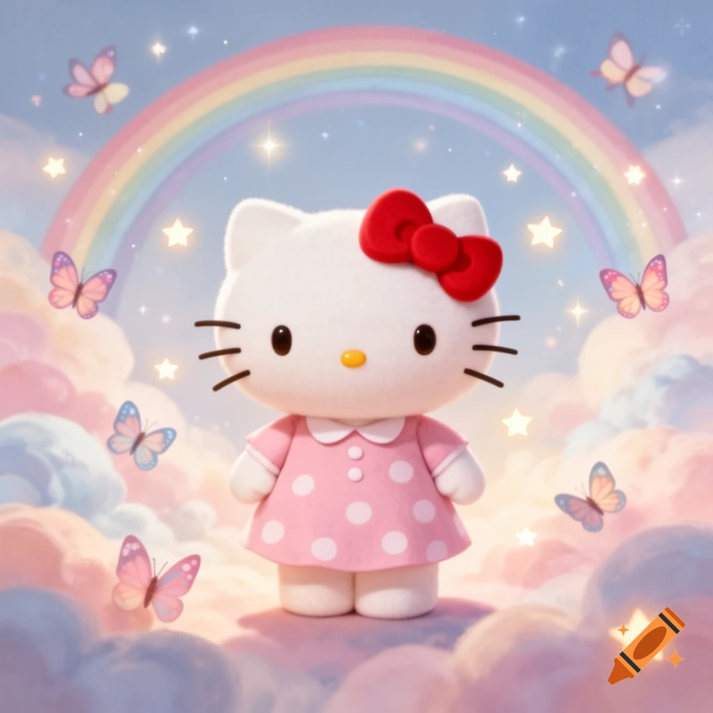 Hello Kitty in a pink polka dot dress on pastel clouds under a rainbow with butterflies and stars, in a cute style.
