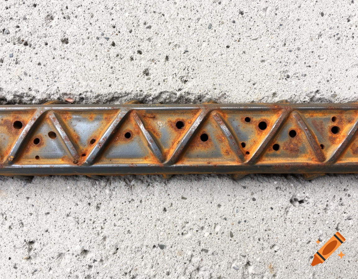 Close-up photorealistic shot of rusty rebar with triangular patterns embedded in gray concrete, showing pitting corrosion.
