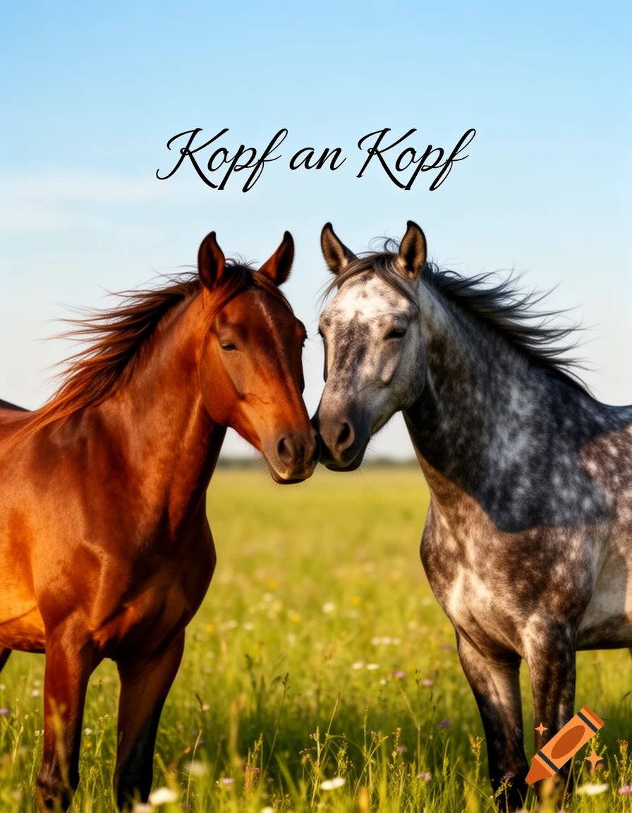 Two horses, one brown and one grey and white, touch noses in a sunlit grassy field under a blue sky, with the text "Kopf an Kopf" above them.