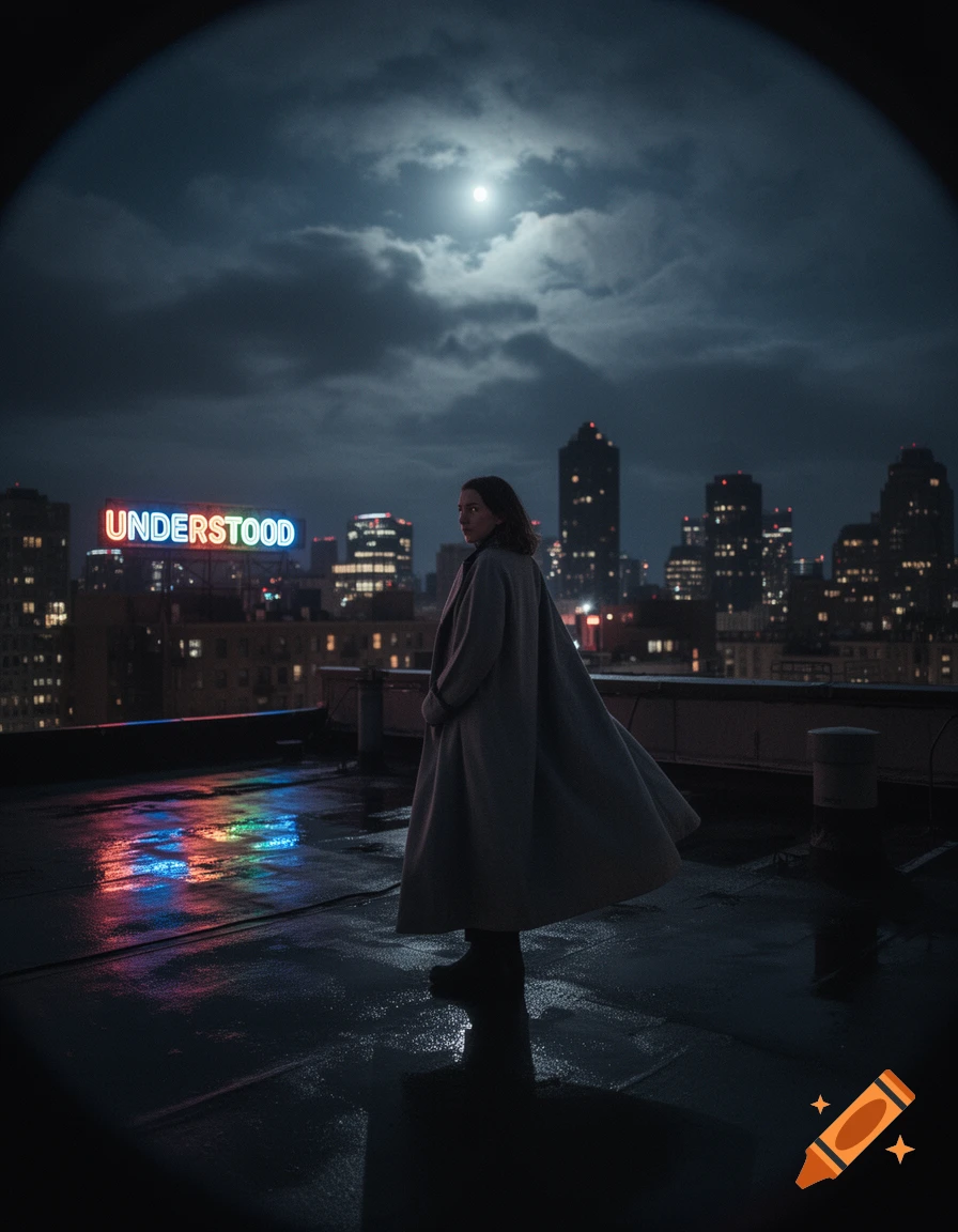 A person on a wet rooftop at night with a city skyline and a neon 'UNDERSTOOD' sign, looking back under a full moon.