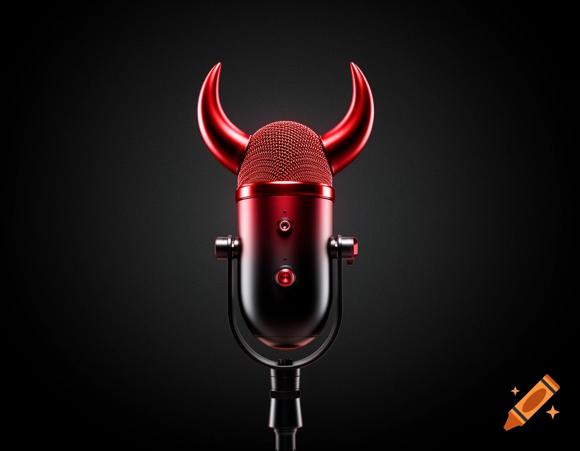 A stylized red and black microphone with glossy red devil horns stands against a dark, shadowy background.