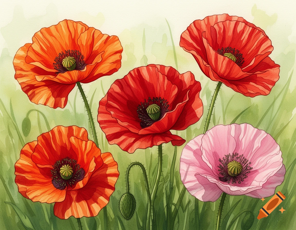 Watercolor painting featuring five vibrant poppies in shades of red, orange, and pink, standing tall amidst green foliage.