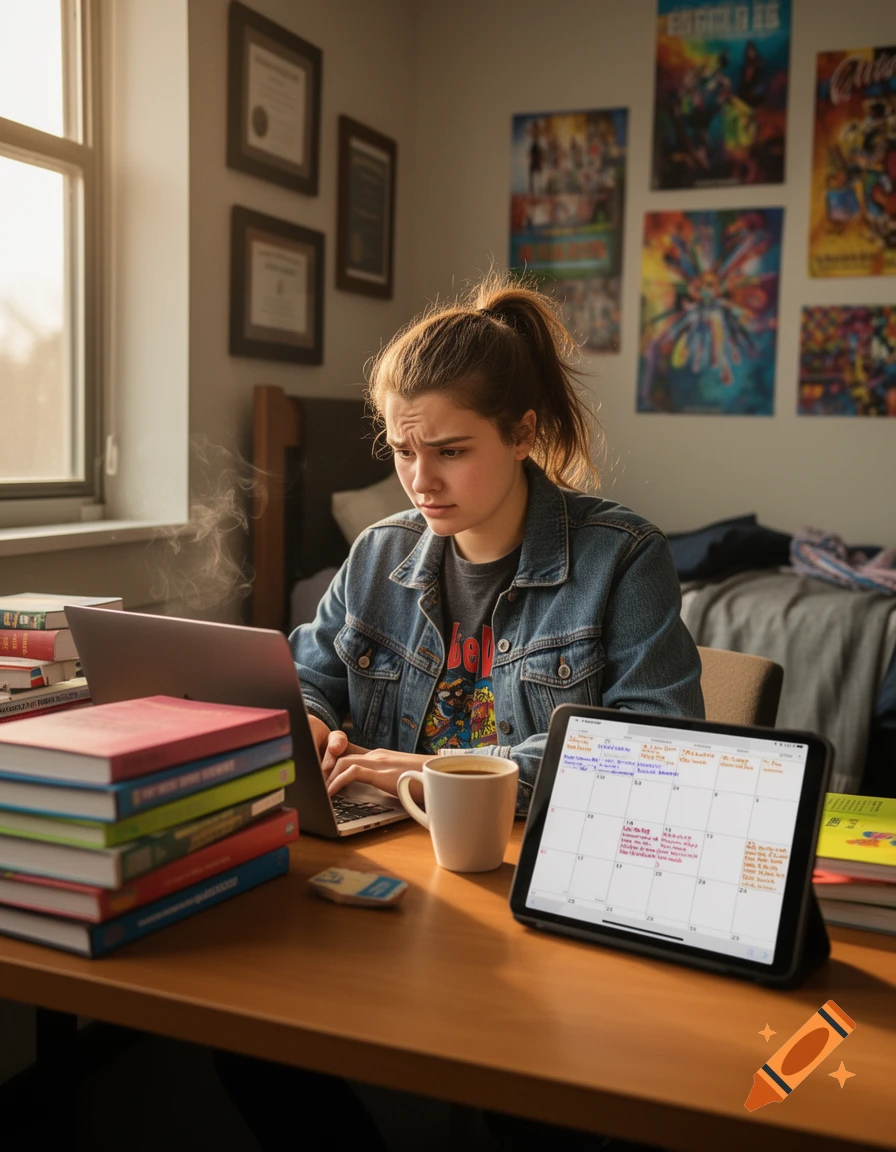A busy college student with a ponytail sits at a desk, looking intently at her laptop, surrounded by books and a tablet displaying a calendar.