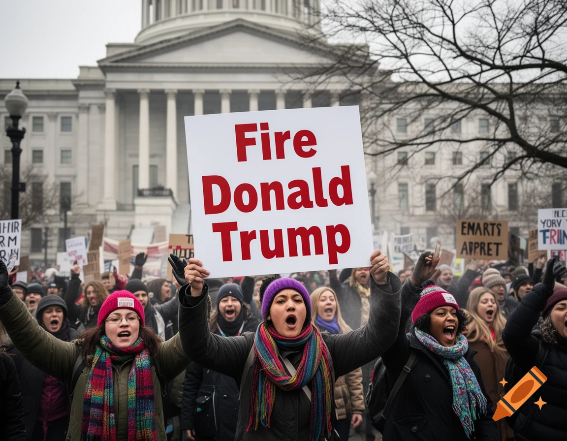 A large crowd of people protest in front of a government building, with one person holding a sign that reads 'Fire Donald Trump'.