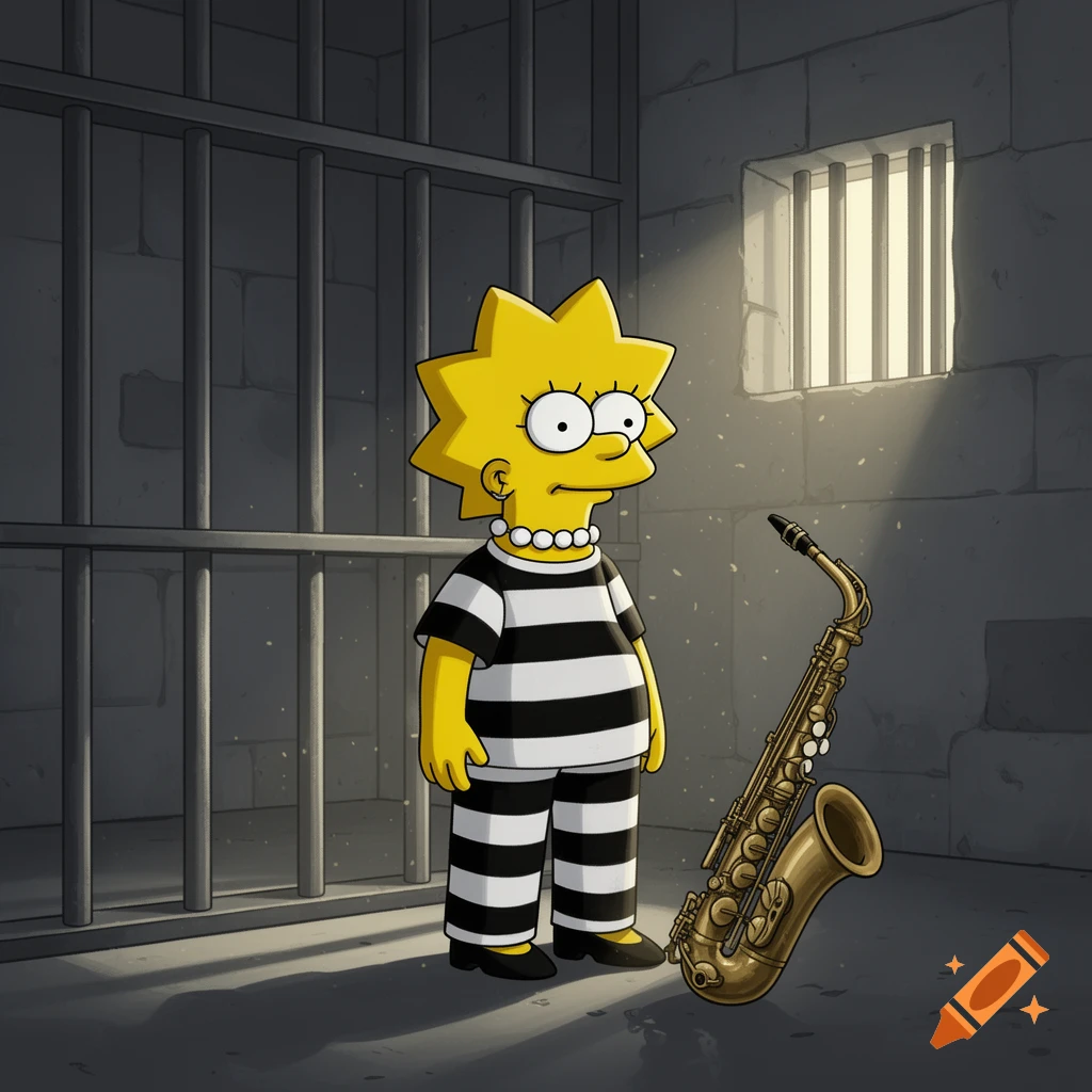 Lisa Simpson in a black and white striped prisoner uniform, standing in a cell with a saxophone, cartoon style.