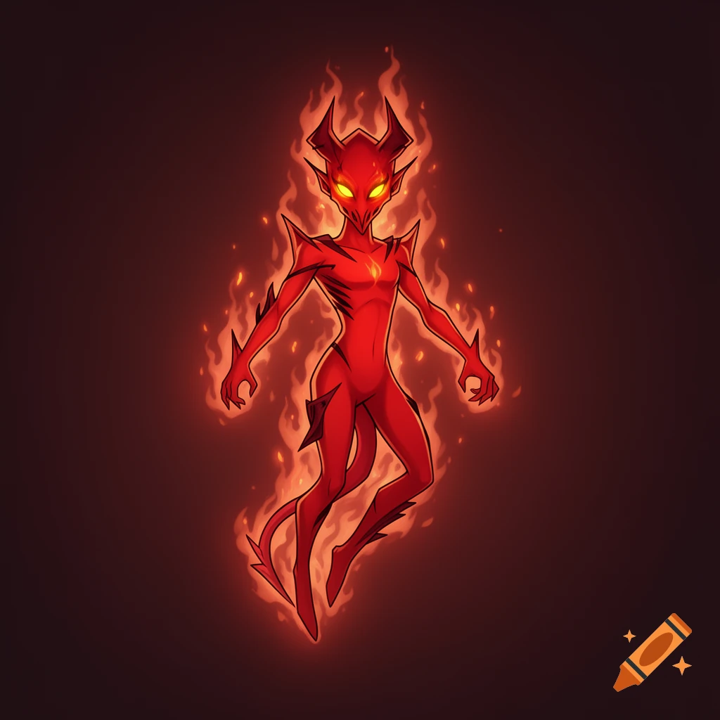 A cartoon-style red spectral demon with horns and a tail, glowing and surrounded by fire on a dark background.