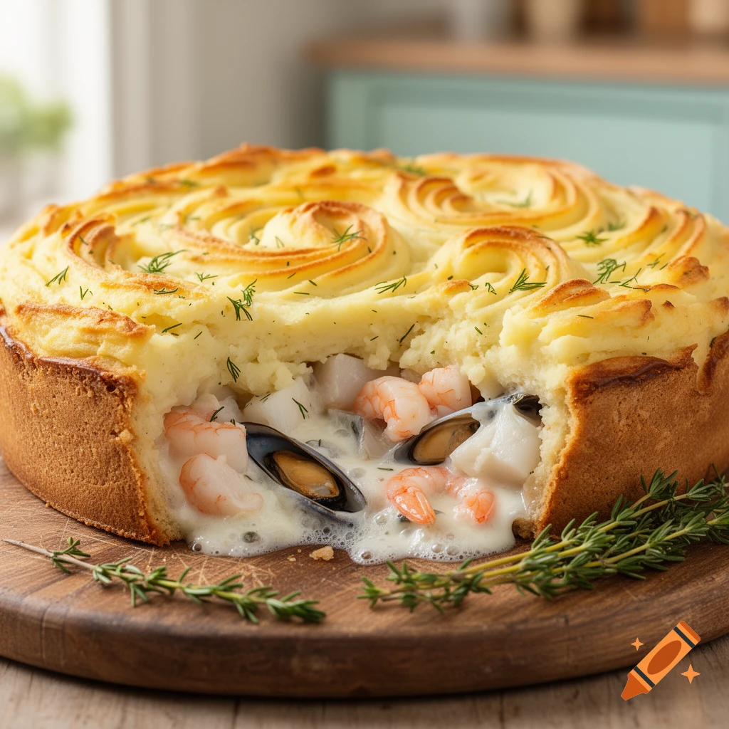 A close-up of a savory fish and shellfish pie with a golden, piped mashed potato topping, showing creamy filling with shrimp and mussels spilling onto a wooden board.