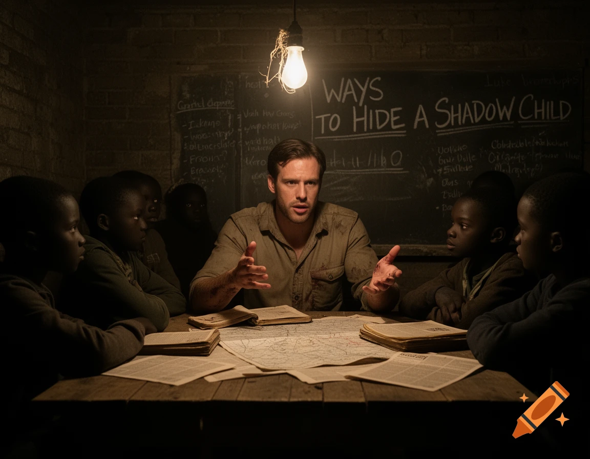 A man teaches children in a dimly lit room, with maps on the table and a chalkboard behind them reading "WAYS TO HIDE A SHADOW CHILD".