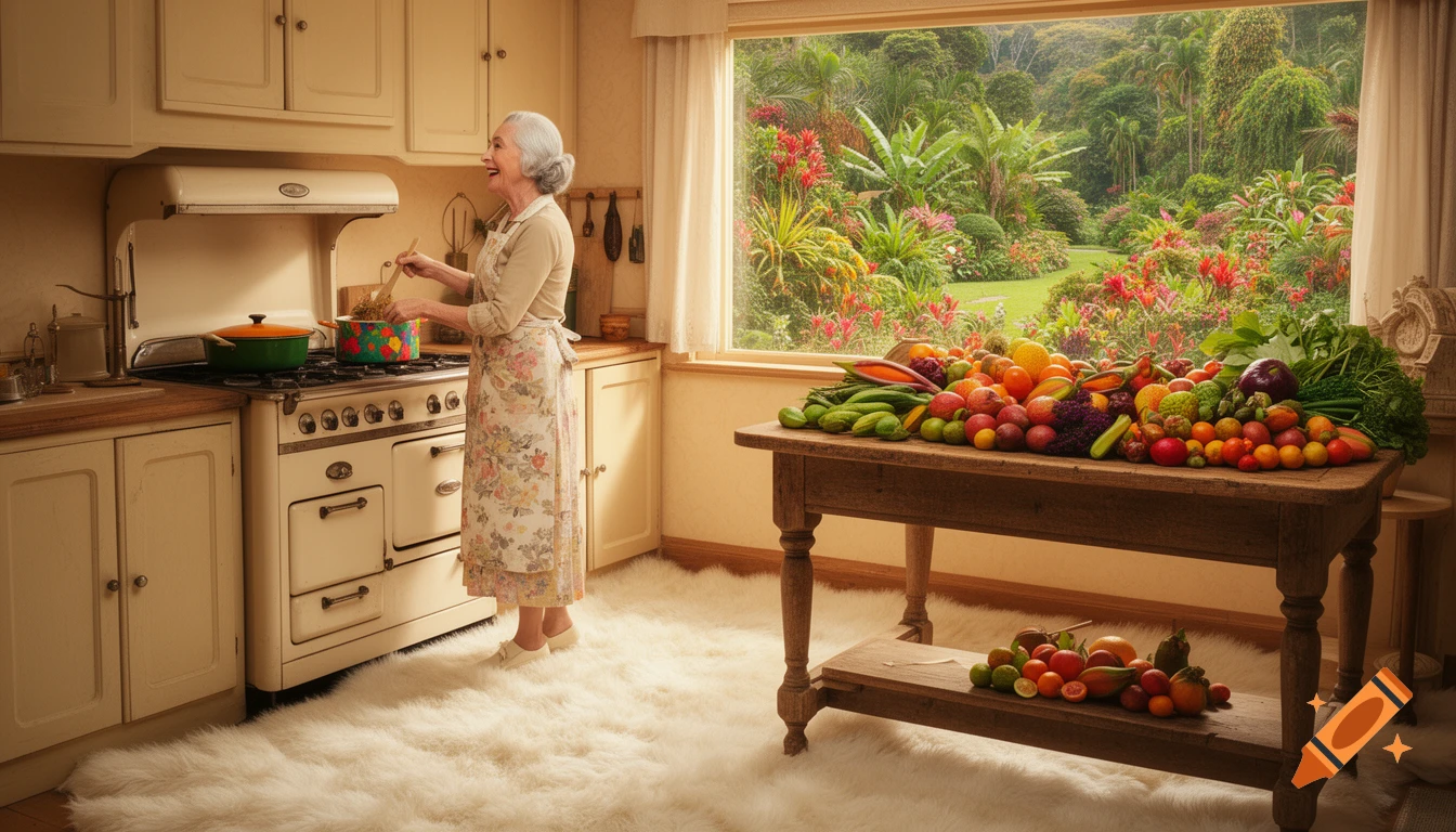 A smiling elderly woman cooks on a vintage stove in a cozy kitchen with a white rug. A table overflowing with fruits and vegetables sits by a window with a view of a lush garden.