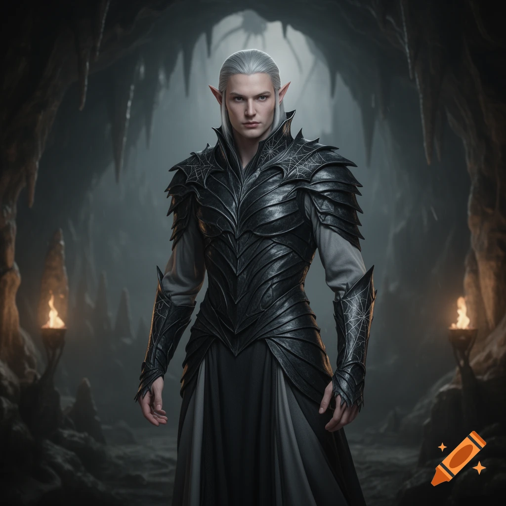 A fair-skinned elf with white hair and pointed ears stands in a dark cave, wearing elaborate black spider-themed armor over a grey tunic.